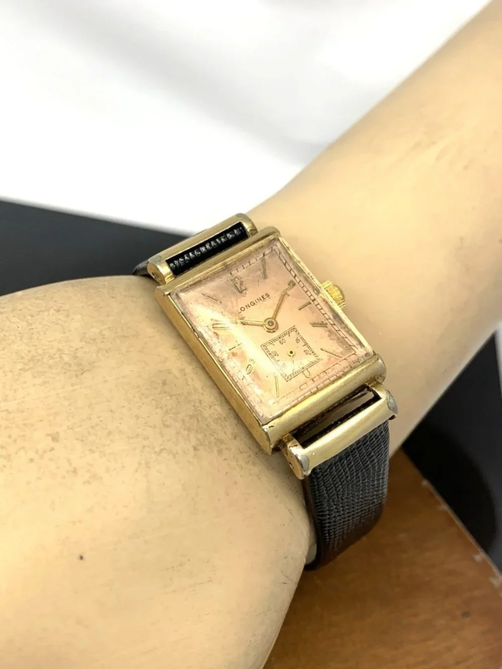 Longines Watch 1930s Vintage Swiss Mechanical Rose Dial Black Leather Strap Tank